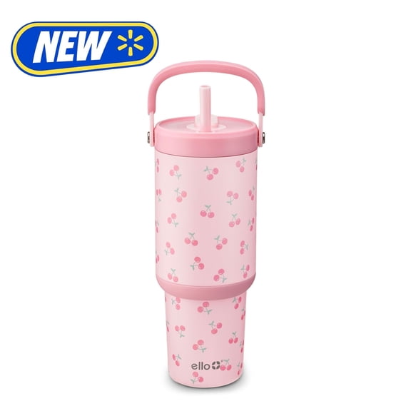 Ello Oasis Go 30oz Stainless Steel Tumbler with Top Handle and Retracting Straw, Pink Cherries