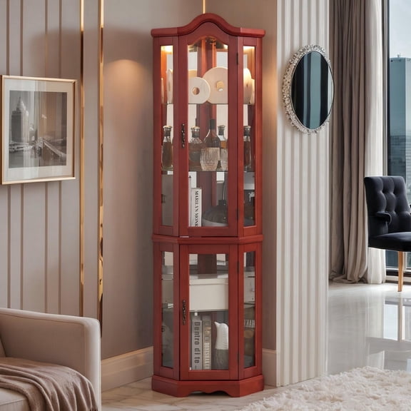 Eyisean 70.5" Curved Top Corner Curio Cabinet, Display Lighted Storage Cabinet with Tempered Glass Door, Bar & Liquor Storage Area with 4 Adjustable Shelves, Wooden China Wine Cage for Living Room