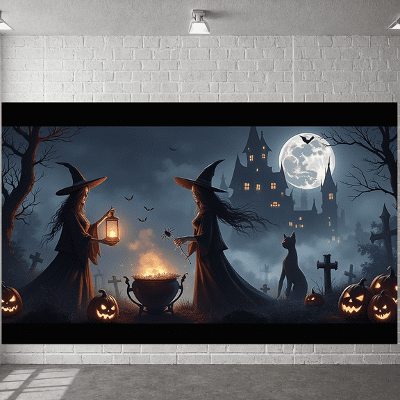 Spooky Design Halloween Banner Witch Theme Pumpkin Decorations Polyester Material Celebration Backdrop for Holiday Party Indoor Decoration Photo Shoot