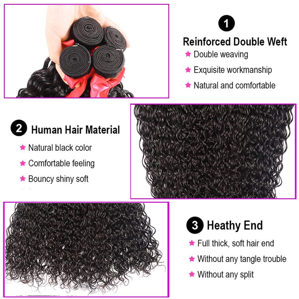 Ustar Brazilian Virgin Human Hair Water Wave 3 Bundles with 4"x4" Lace Closure with Baby Hair Free Part 1B Natural Wave