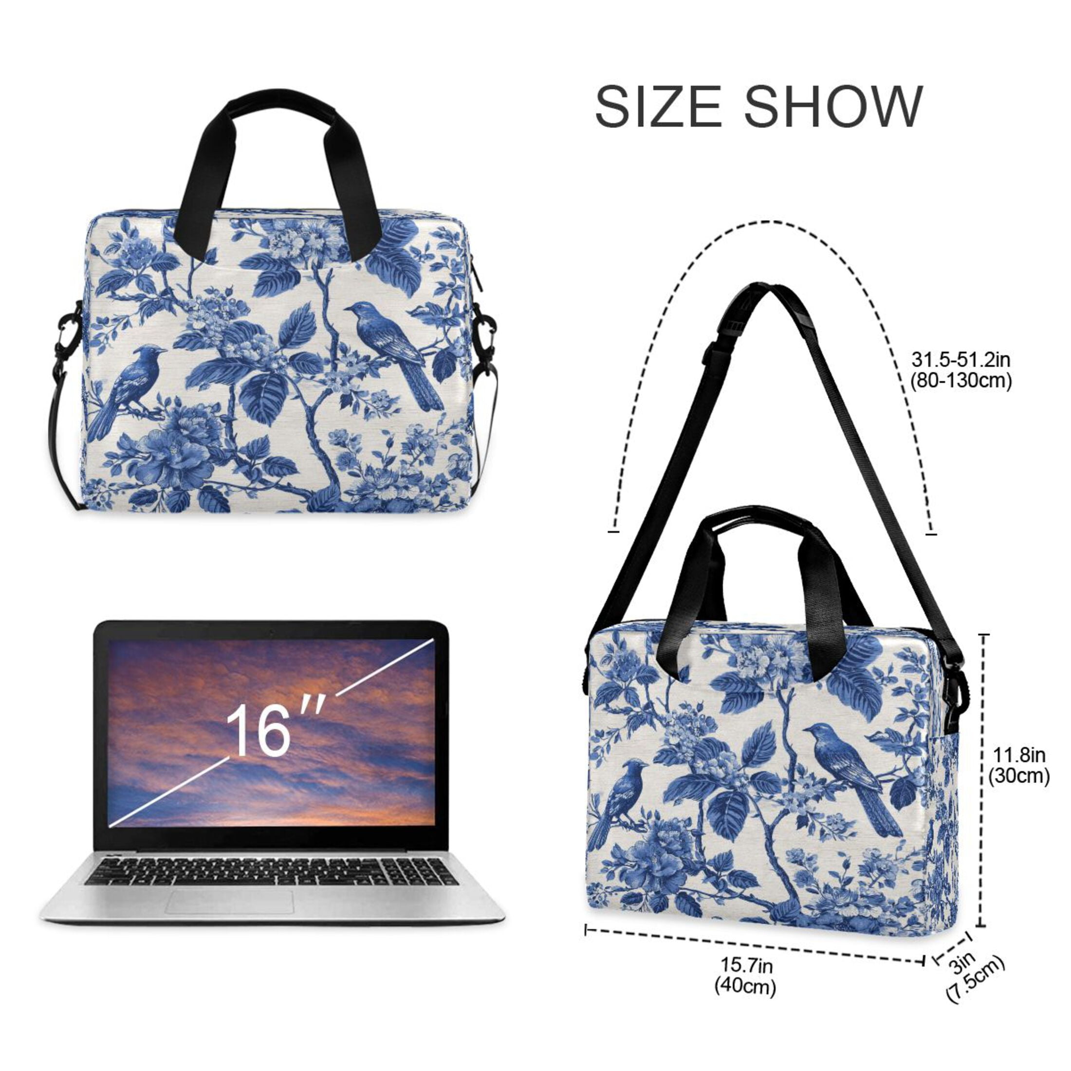 16" Laptop Tote Bag Laptop Sleeve Case Computer Briefcase for Work & Travel Blue Flowers and Birds