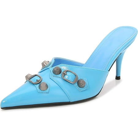 

THE SHY Heeled Mules for Women Pointy Toe Studded Low Kitten Heels Slip On Stiletto Heel Sandals Dress Shoes