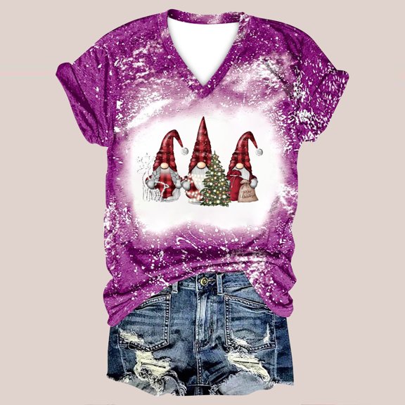 SDJMa Women's Classic-Fit 100% Cotton Short-Sleeve T-Shirt Women Casual Print Christmas Loose Short Sleeve V-Neck Tops