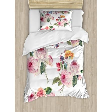 English Rose Bedding Rose Twin Size Duvet Cover Set, Vintage Floral Bouquets with English Roses Wildflowers Botanical Natural Summer Time, Decorative 2 Piece Bedding Set with 1 Pillow Sham, Multicolor, by Ambesonne ()