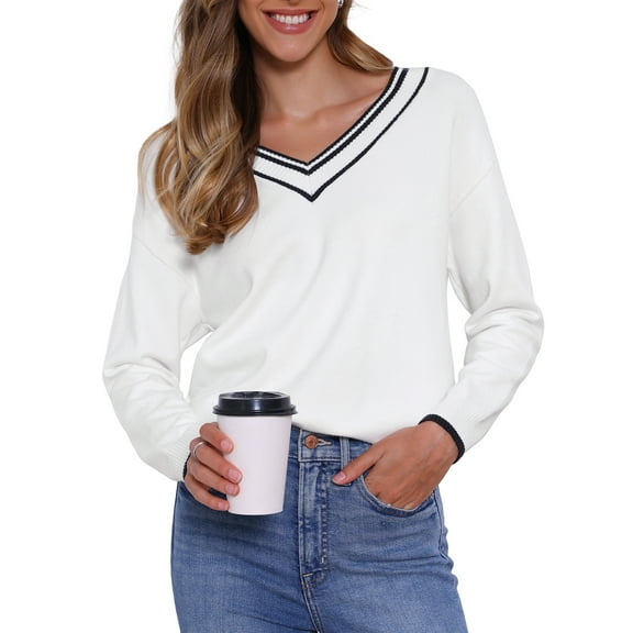 DARING DIVA V Neck Long Sleeve Knit Striped Pullover Sweater XS White