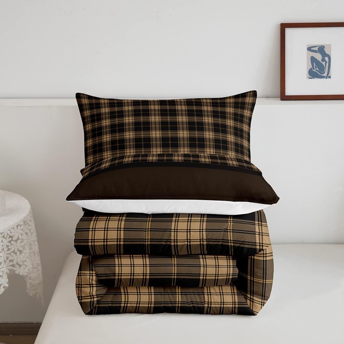 Vintage Bedding Sets,Rustic Comforter Set ,Farmhouse Plaid Check Quilt Set for Cabin Lodge,Geometric Lattice Duvet Insert with 1 Pillow Sham Warm,King,Brown