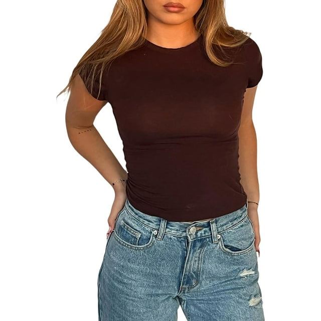 Gupgi T-Shirts Basiques à Manches Courtes pour Femmes Col Rond Ajusté Crop Top Couleur Unie Serré