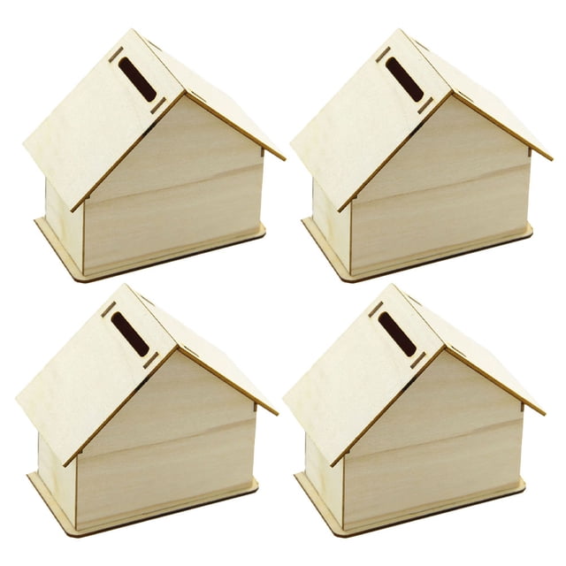 MasteelfCA 4 Set Wooden House Storage Box DIY Painting Blank Wood Holder Money Candy Container Desktop Home Box (Wood Color)