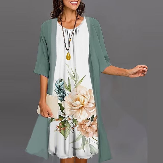 2023 Fashion O Neck 5XL Printed Two-Piece Sets Elegant Women Print Seven-Point Sleeve Tops Dress New Spring Summer Suit Dresses5XL Gao Jinjia LED