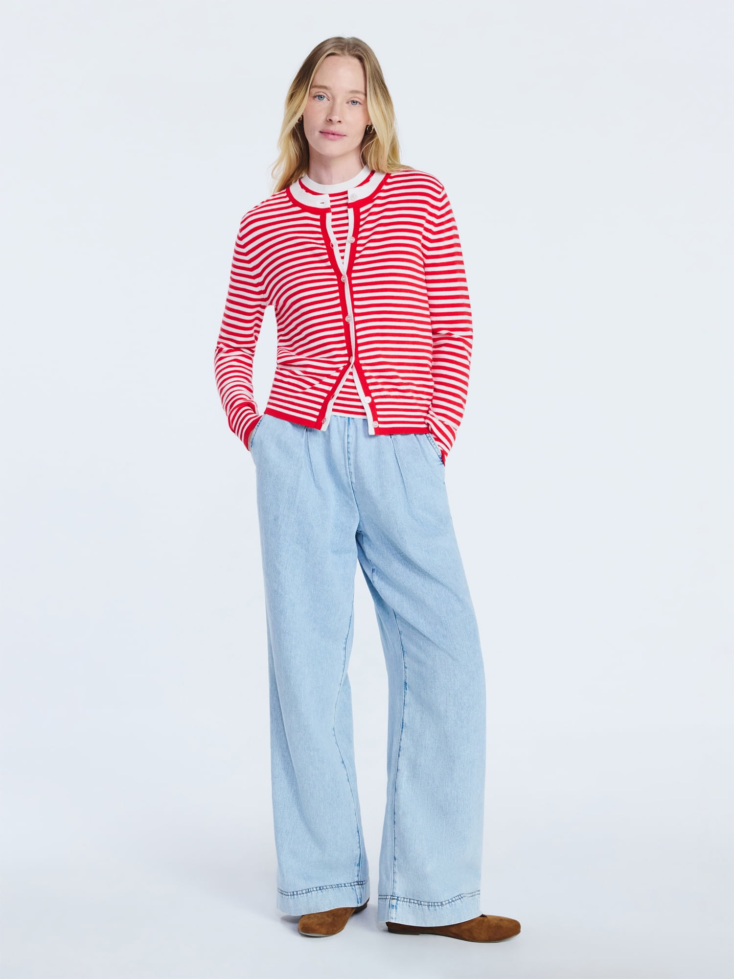 Free Assembly Women's and Women's Plus Solid, Stripe, & Print Classic Cozy Yarn Cardigan Sweater, Lightweight, Sizes XS-4X