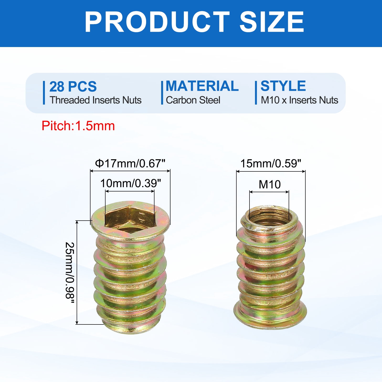 28Pcs Threaded Inserts Nuts, M10x25mm Hex Socket Drive Nut Inserts for Wood