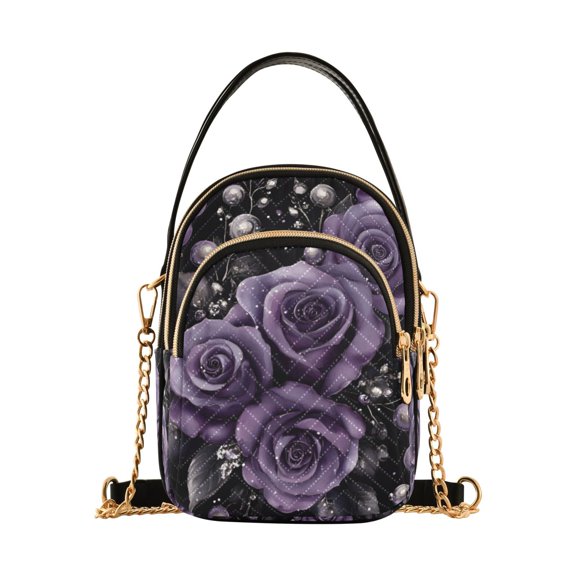 FORMRS Crossbody Bag for Women Quilted Travel Shoulder Cell Phone Purse with Chain Strap Handbag, Purple Roses