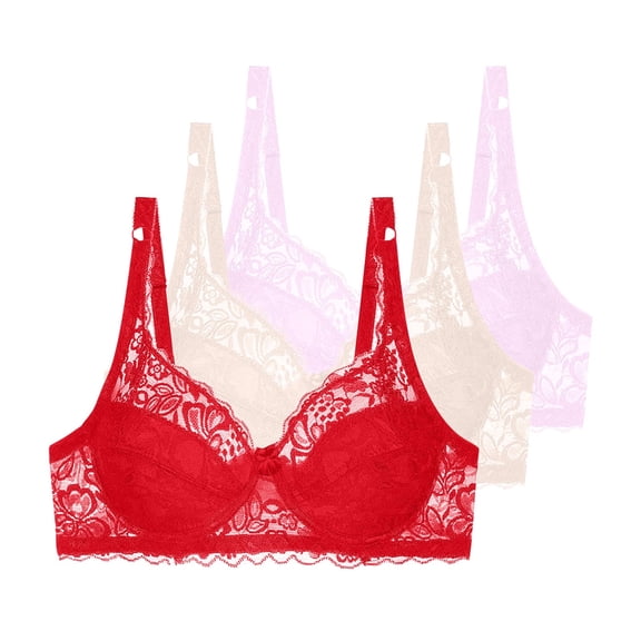3 Pieces Floral Lace Underwire Bras Womens Plus Size Plunge Push Up T-Shirt Bras Support Demi Padded Bralette, 38/85B