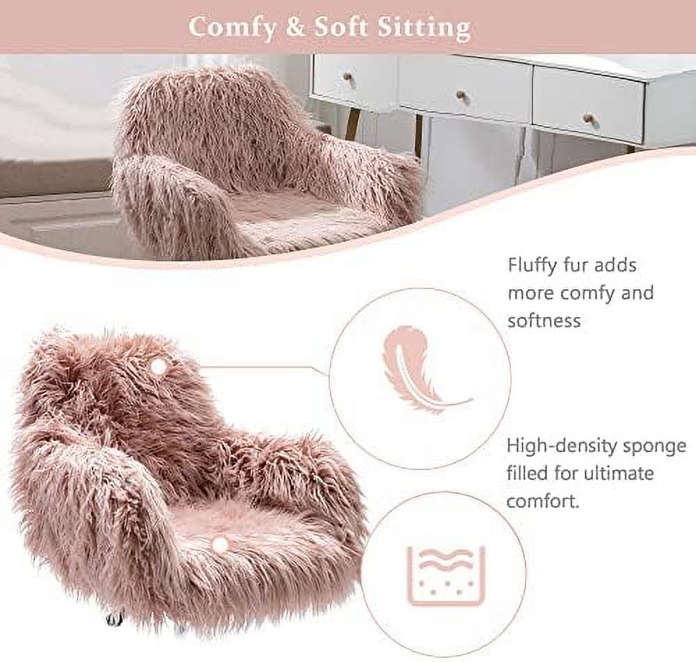 ZWNLKQG Fluffy Desk Chair Faux Fur Furry Home Office Chair Fuzzy Modern Swivel Armchair with Wheels Height Adjustable Sturdy Silver Base for Girls