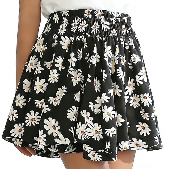 BLTIBY Floral Skirts for Girls Summer Pleated Mini Skirt Casual Flowy High Waisted Kids Short Skirt Black 5-6Years