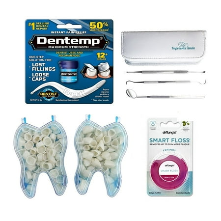 Mixed Dental Temporary Crowns Anterior Front & Molar Posterior Bundle with Dentemp Temporary Cement, Dr. Tung’s Smart Floss & Impressive Smile Dental Hygiene (Best Temporary Crown Cement)