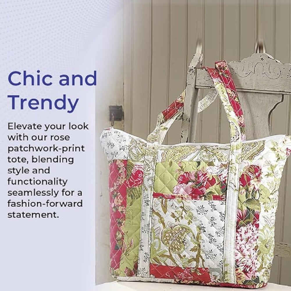 Sagefinds Floral Tote Bag, Patchwork Quilted Shoulder Purse for Women, Top Zip Closure with Pocket