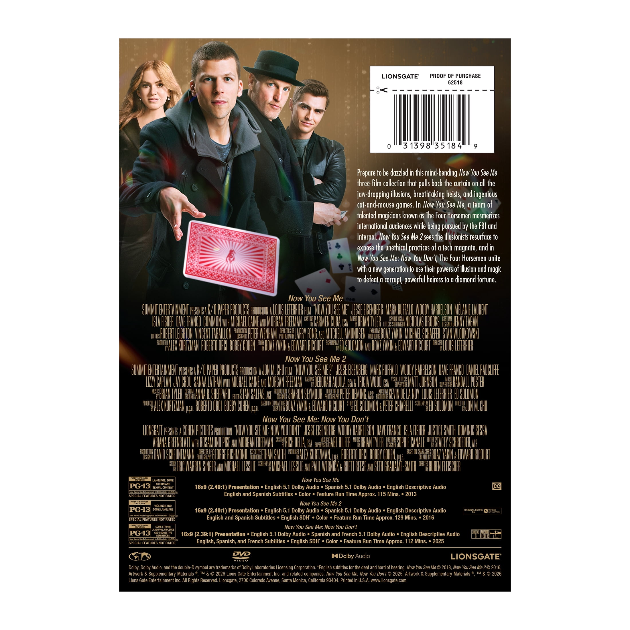 Now You See Me, 3 Film Collection (2026) (DVD) Lionsgate, Action