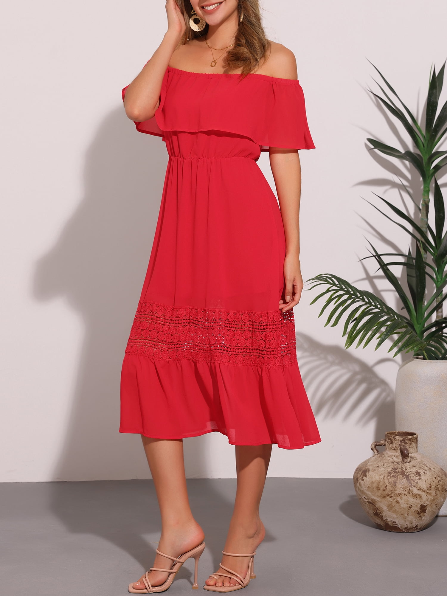 DARING DIVA Women's Off Shoulder Flutter Sleeve Maxi Dress XL Red