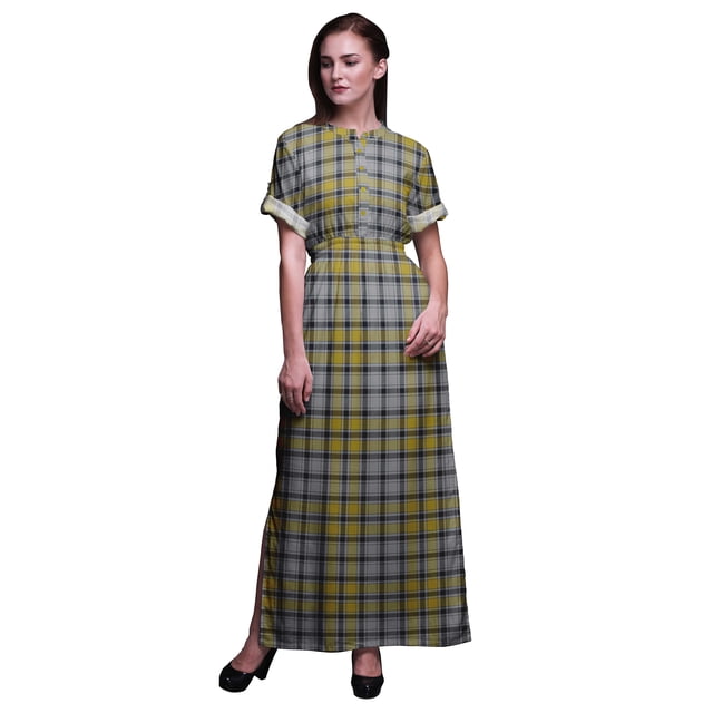 Bimba Robe Longue pour Femmes en Rayonne à Carreaux Vichy Boho Plage Cocktail Fête Maxi Fendue - Moyen