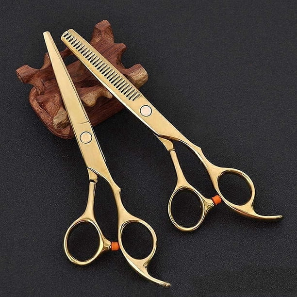 Juego de tijeras profesionales de 6 pulgadas para cortar el cabello, tijeras de entresacar y cortar de acero inoxidable japonés 440C, juego doble dorado con cuchillas de precisión.