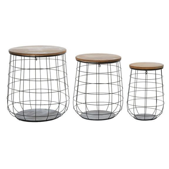 DecMode 18", 20", 23"H Black Metal Caged Storage Basket with Wooden Lift Top Lids, 3-Pieces