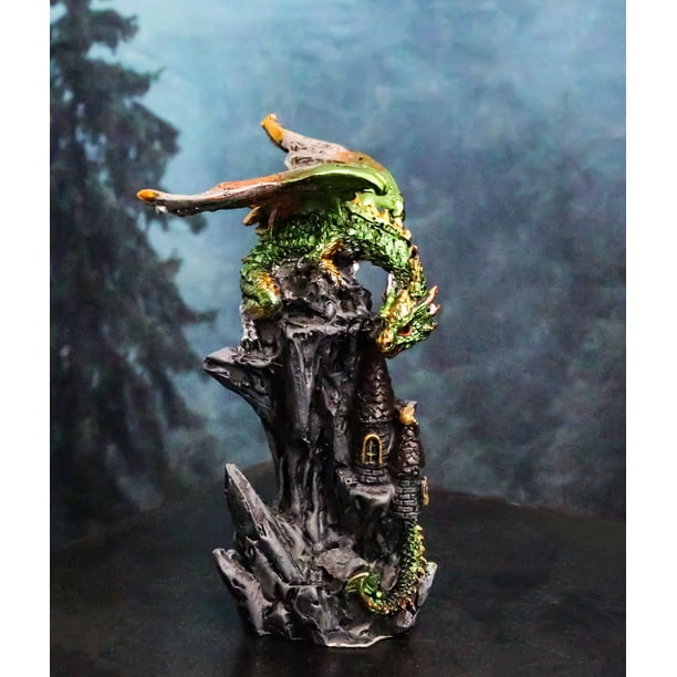 Metallic Golden Green Dragon Guarding Castle Tower On Mountain