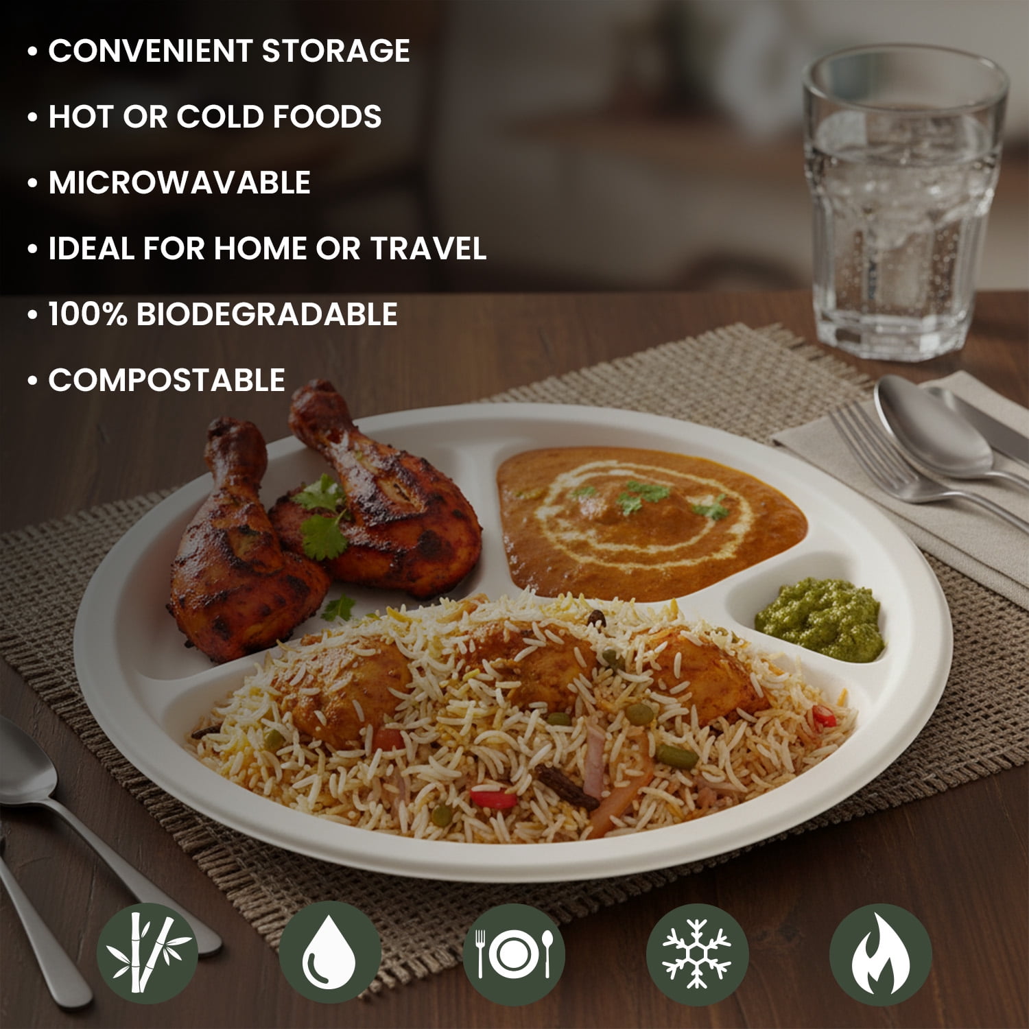 FPN Disposable Plates 4 Compartment 125 Pack 12x12 in Bagasse Compostable