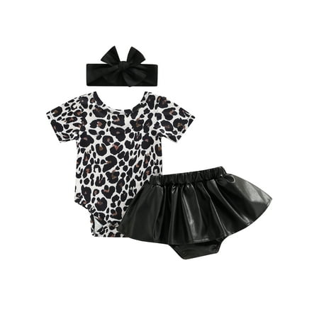 

SAYOO Fashion Baby Girls 3pcs Summer Clothes Suits Short Sleeve Leopard Print Bodysuits+PU Leather Tutu Short Skirts+Headband Outfits
