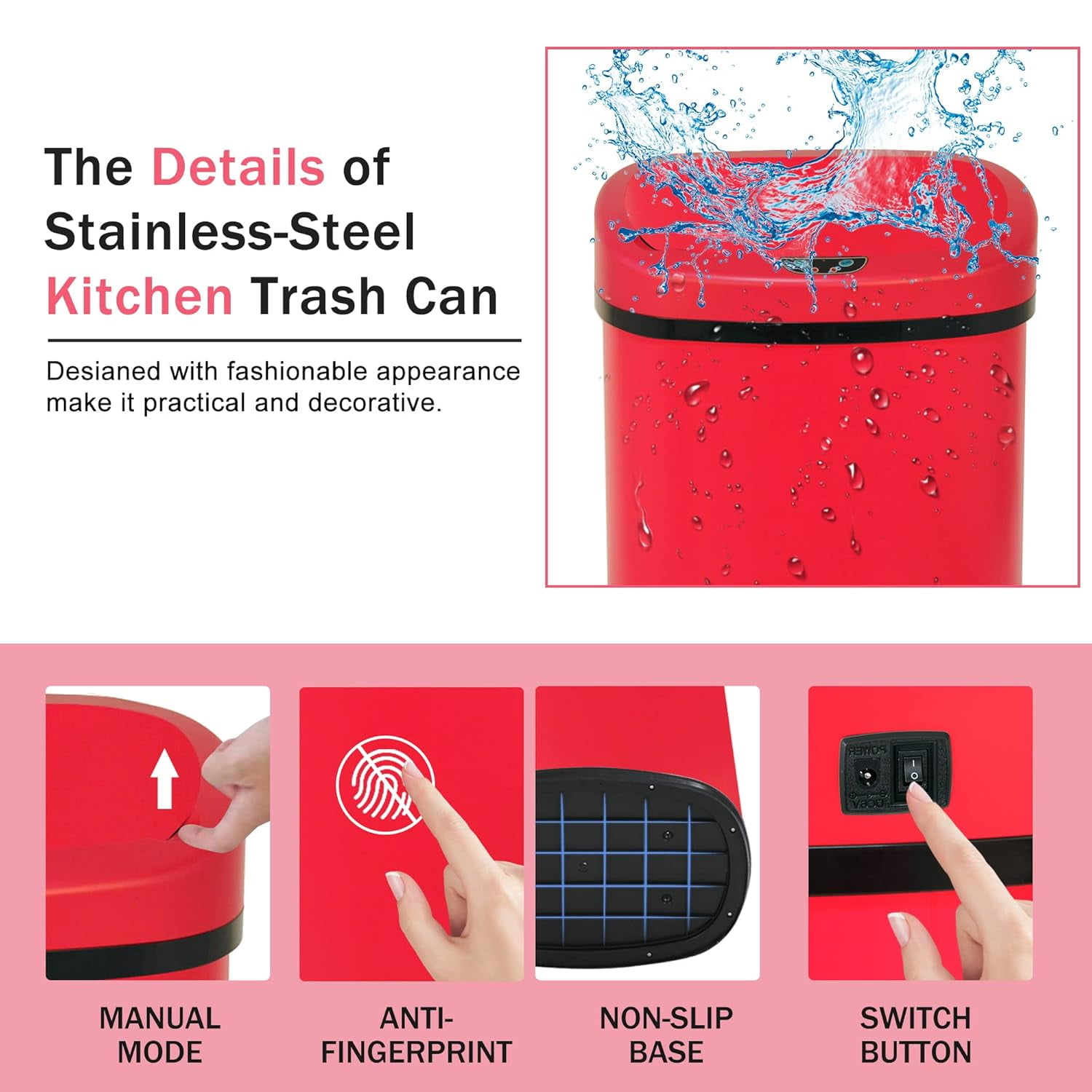 Dkelincs 13 Gallon Touch-Free Automatic Stainless Steel Garbage Can Kitchen Trash Can with Lid, Red