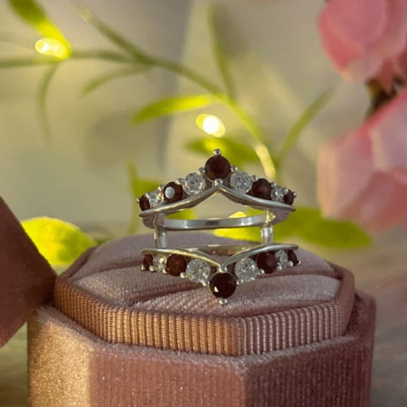 Alternating White Diamond and Red Garnet Ring Guard- Engagement ring Wrap
