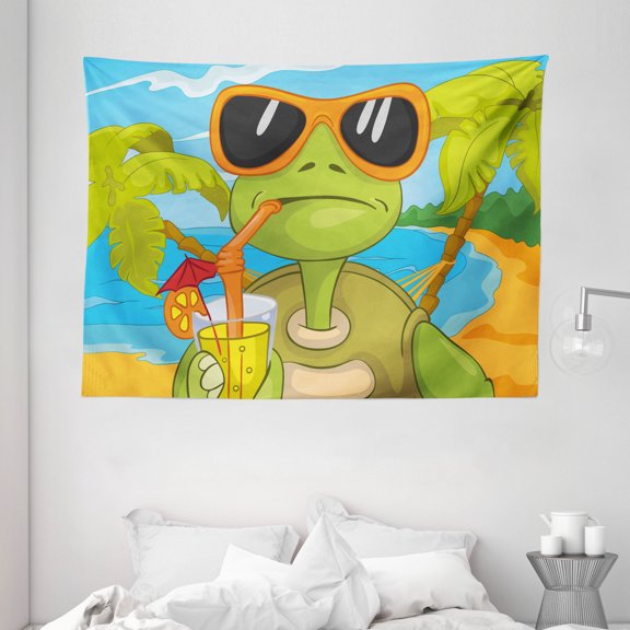 Turtle Tapestry, Cool Sea Turtle with Sunglasses Drinking Cocktail at the Beach Cartoon, Wall Hanging for Bedroom Living Room Dorm Decor, 80W X 60L Inches, Green Orange Light Blue, by Ambesonne