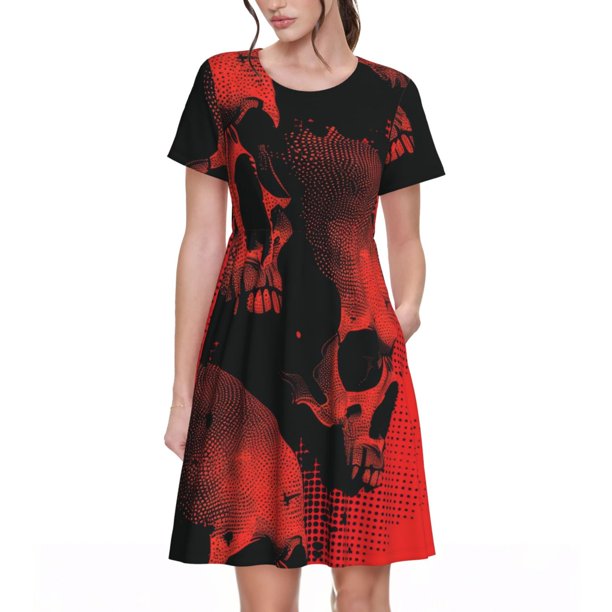 Easygdp Red And Black Abstract Skull para Vestido Transpirable de Mujer, Vestido Suelto de Manga Corta con Pliegues y Bolsillos para el Verano