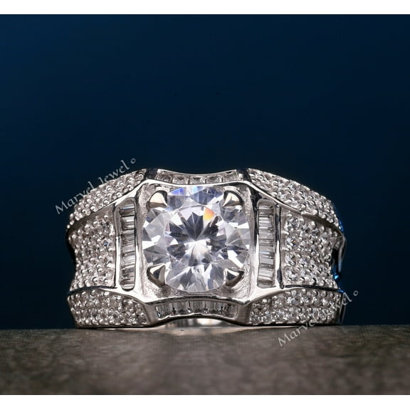 Men's Solitaire Diamond Engagement Ring, Pave Set Solitaire With Accents Diamond Ring, Men's Halo Diamond Ring, 925 Sterling Silver, 2.6 Ct Simulated Diamond, Men's Cocktail Ring