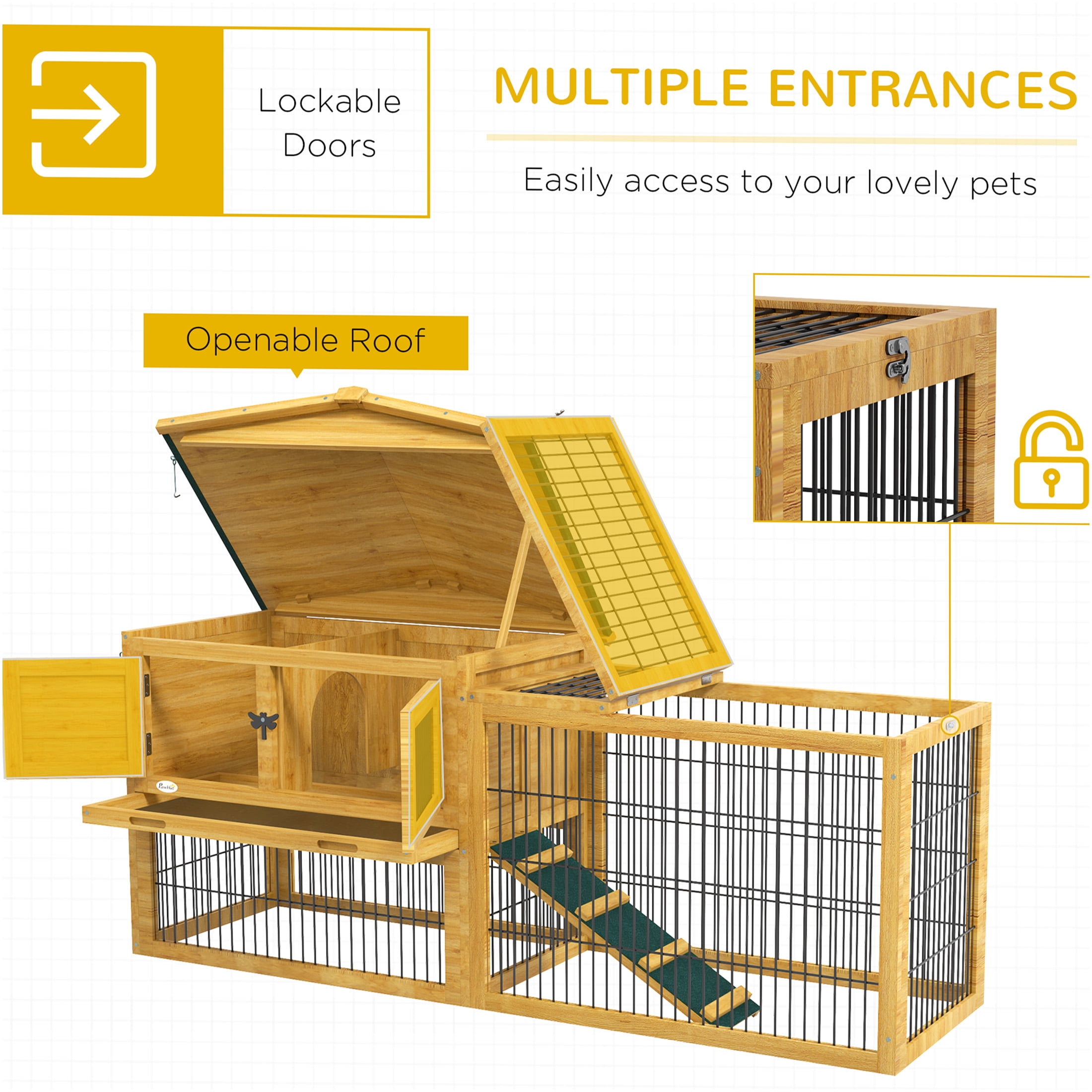 JERFIT 59 Inch Large 2-Story Outdoor Rabbit Hutch with Openable Roof & Removable Tray, Weatherproof Wooden Bunny Cage with Ramp, Yellow