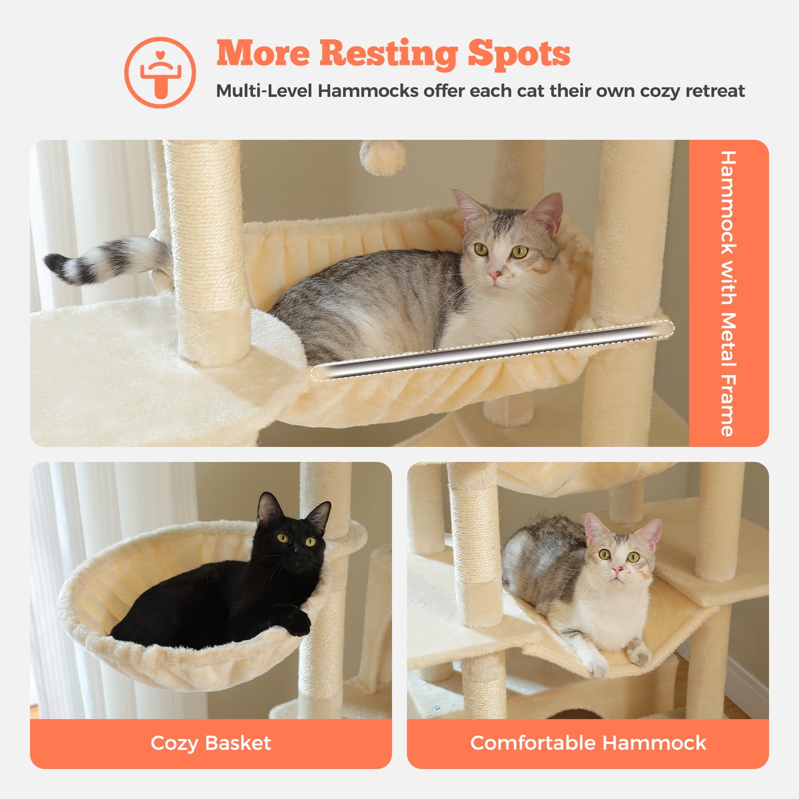 Pefilos 81" Tall Cat Tree for Indoor Cats, Multi-Level Cat Tower with Metal Frame Hammock, Scratching Ramp, 2 Top Perches, 2 Cozy Condos & 6 Scratching Posts, Beige