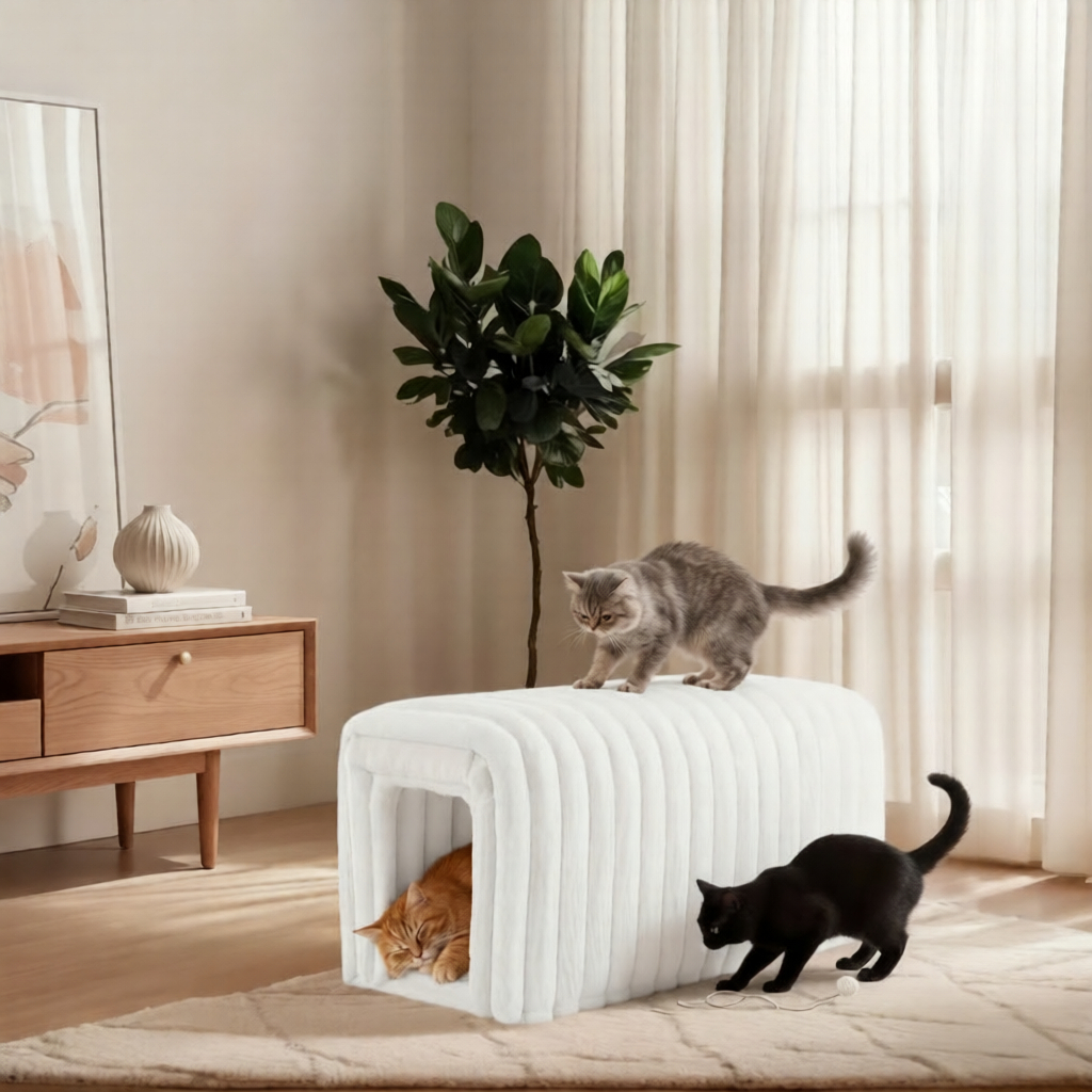 Howcool Corduroy Ottomans Bench with Cat Hideaway, 33"L Plush Upholstered Bench Ideal for Blanket Storage for Living Room & Bedroom