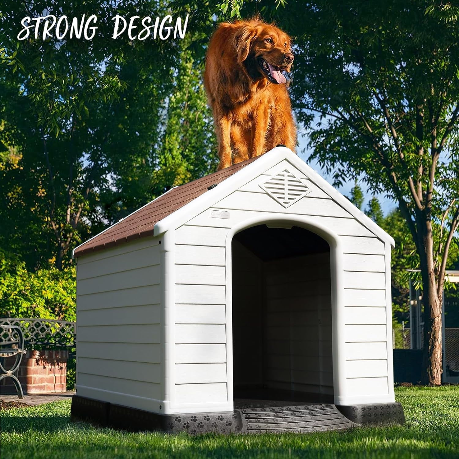 Waleaf Durable Waterproof Plastic Dog House for Small to Large Sized Dogs, Indoor Outdoor Doghouse with Elevated Floor