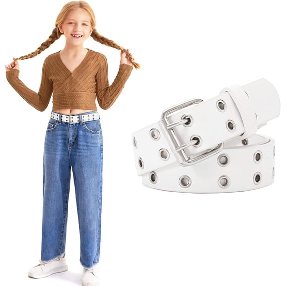 Double Grommet Belts With Holes for Girls Boys PU Leather Two Row Grommet Belt for Jeans Dress