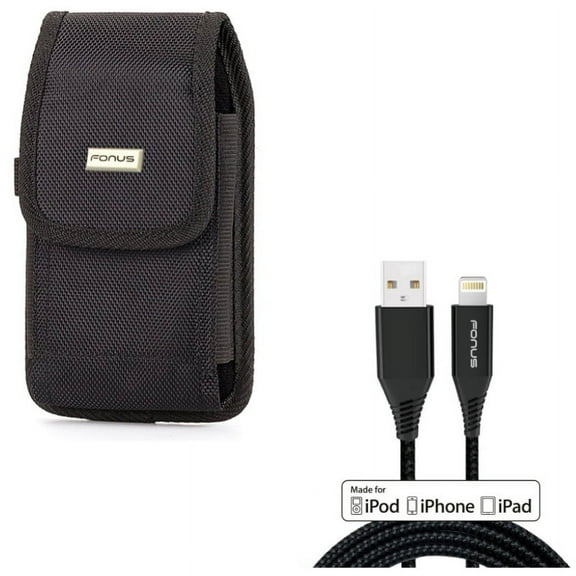 6ft MFi USB Cable w Case Belt Clip for iPhone XS - Certified Charger Cord Power Wire Braided, Rugged Holster Canvas Cover Pouch for iPhone XS