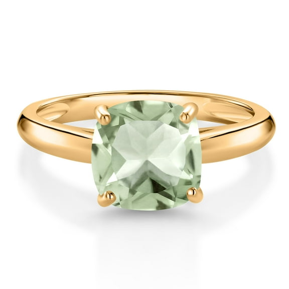 Gem Stone King 10K Yellow Gold Green Prasiolite Solitaire Engagement Ring for Women (2.05 Cttw, Cushion 8MM, Gemstone Birthstone, Available in Size 5, 6, 7, 8, 9)