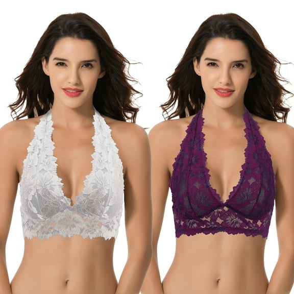 Curve Muse Plunge Bralette with Floral Lace-2pack-PURPLE,GREY-S