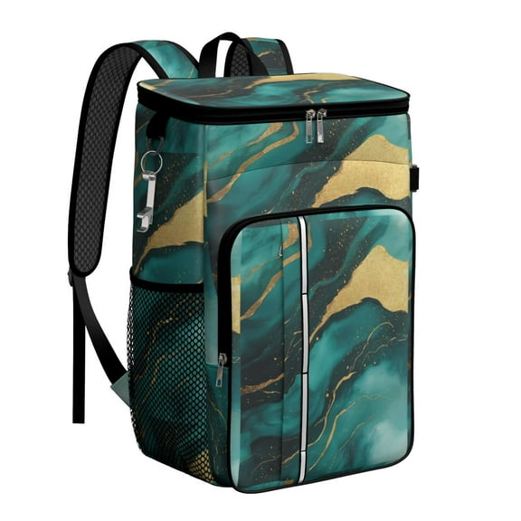 Travel Cooler Bag - Teal Gold Marble Camping Beer Cooler Backpack with Bottle Opener- Waterproof Insulated Picnic Backpacks - Cooler Bag for Beach