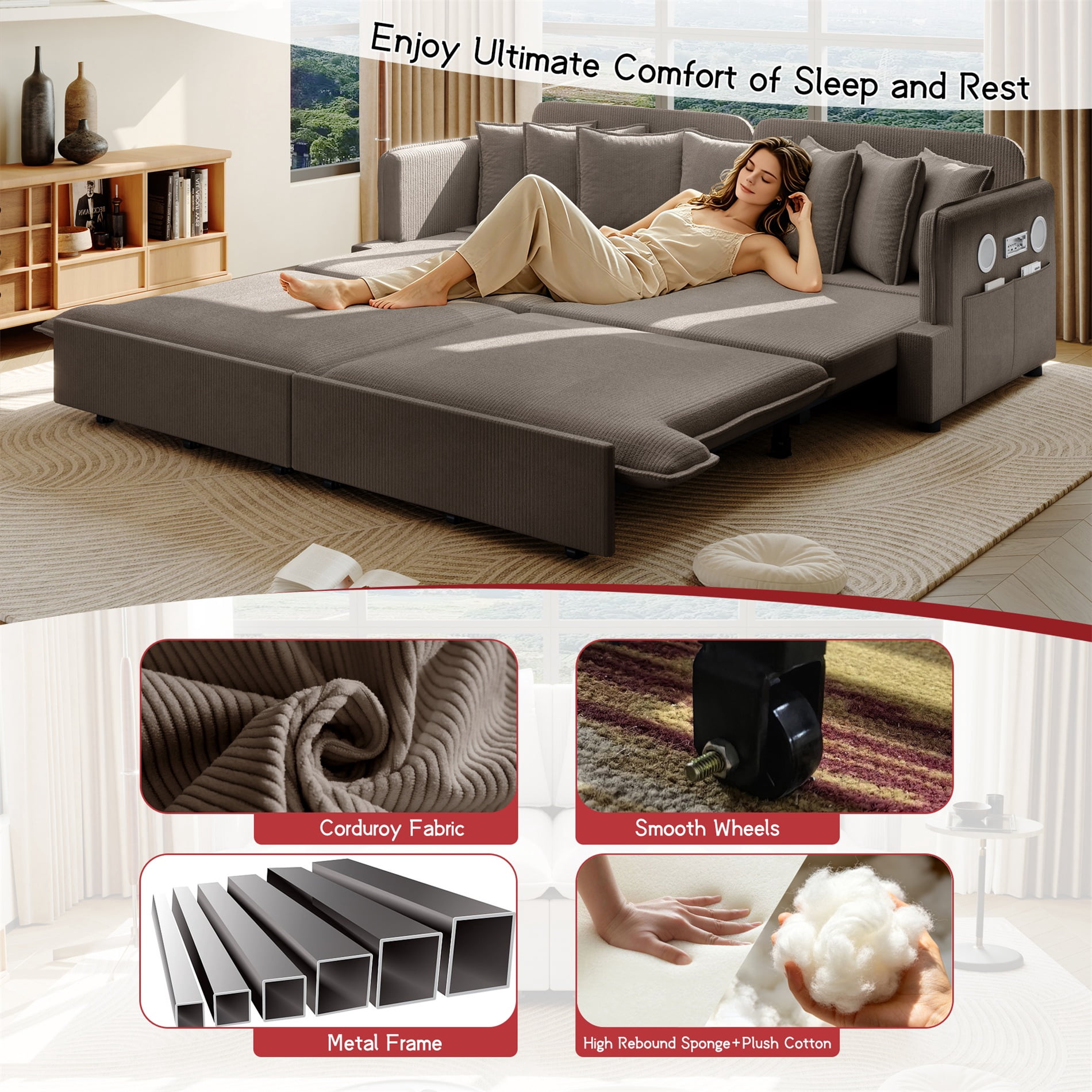 Alvantor 3 in 1 Convertible Sleeper Sofa Bed, 82" W Pull Out Sofa Bed with Bluetooth Speakers, USB Ports for living room, Apartment, Brown