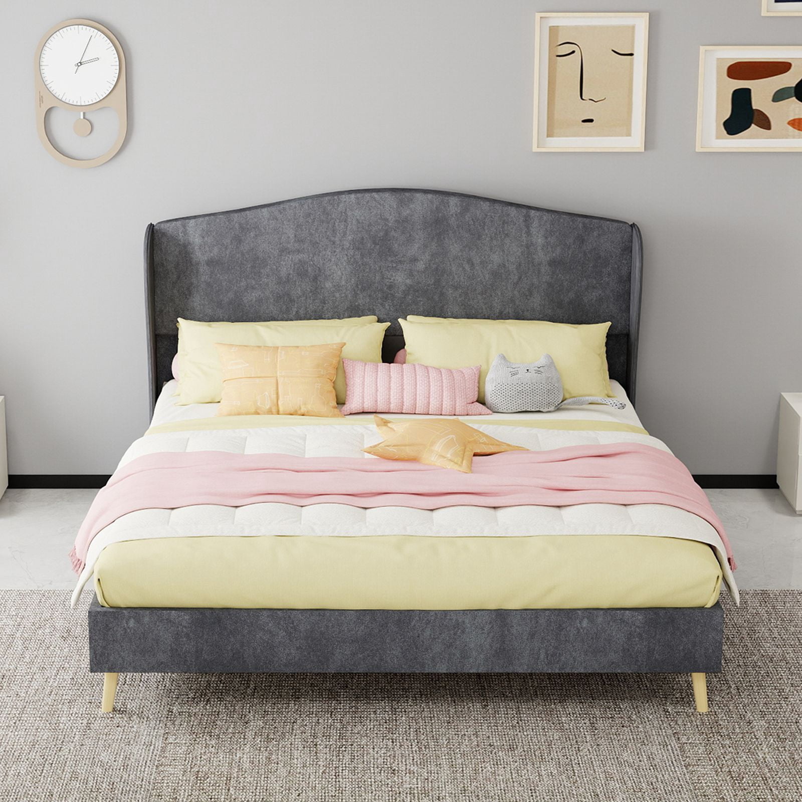 Alvantor Queen Size Upholstered Bed Frame with Padded Headboard, Holland Velvet Tufted Noise-Free & Durable Gray