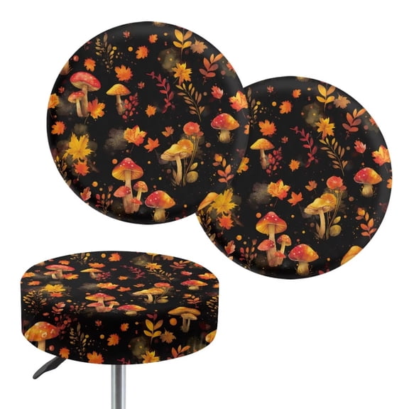 Chaqlin Novelty Mushroom Leaf Print Round Bar Stool Covers 2-Pack, Vibrant 3D Pattern Stretch Fabric Seat Covers, Machine Washable Slipcovers for 12-16 Inch Round Stools 12 Inch Stools Cover