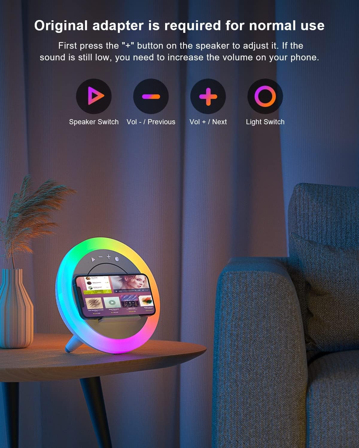 Bluetooth Speaker Night Lights, Wireless Charging Kids Speaker, Color Changing Modern Bluetooth Lamp,Teenage Boys Girls Gifts Ideas (15W Wireless Charging)