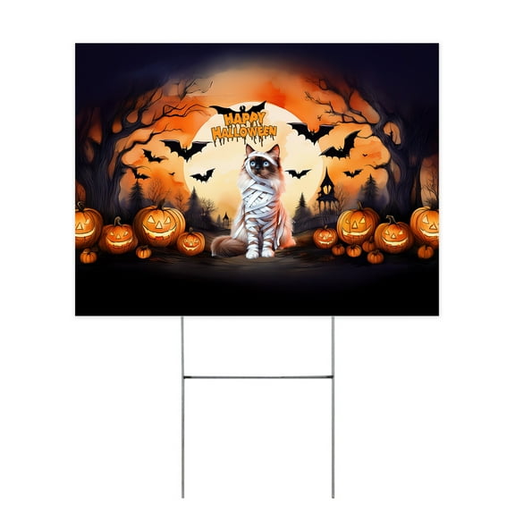 Mummy Ragdoll Happy Halloween with Pumpkins Bats Spooky Fun Yard Sign Cat Lover Kitten Owner Gifts Idea Outdoor Home Lawn Garden Porch Decor - 00019