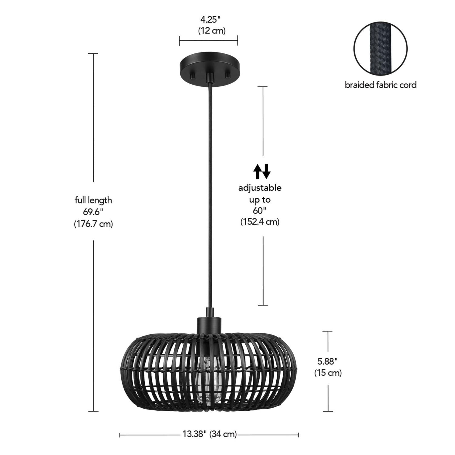 Maren 1-Light Pendant Lighting, Matte Black, Rattan Shade