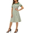 thumbnail image 4 of INSPIRE CHIC Women's Summer Contrast Square Neck Short Sleeve A-Line Plaid Dress, 4 of 5